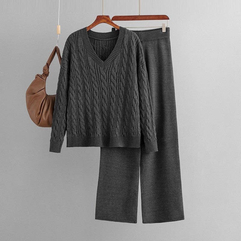 V Neck Cable Knit Sweater Wide Leg Pants Set