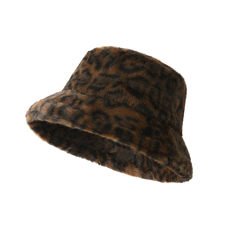 Leopard Print Faux Fur Plush Fisherman Hat