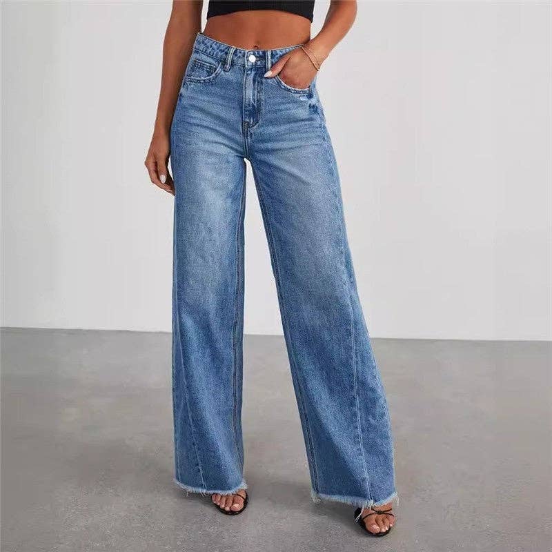 Loose Wide Leg Jeans With Raw Hem