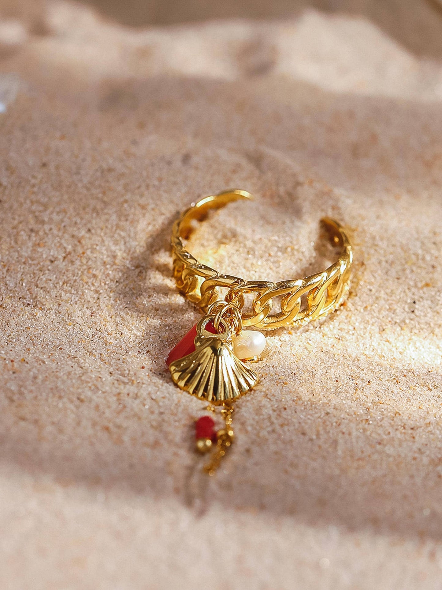 Rade 18K Gold Non-Tarnish Shell Dangle Chain Ring