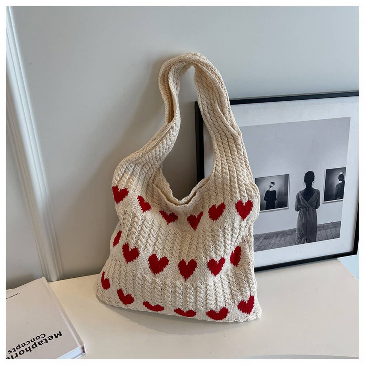 CWAB4569_HEART PATTERN KNITTED LARGE CAPACITY TOTE BAG