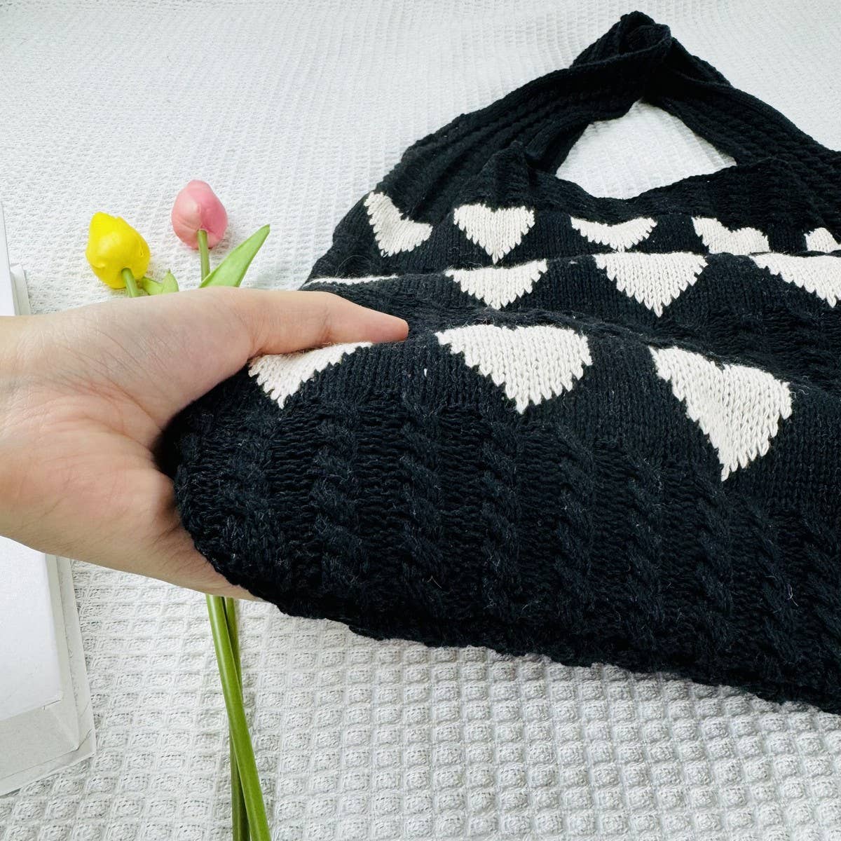 CWAB4569_HEART PATTERN KNITTED LARGE CAPACITY TOTE BAG