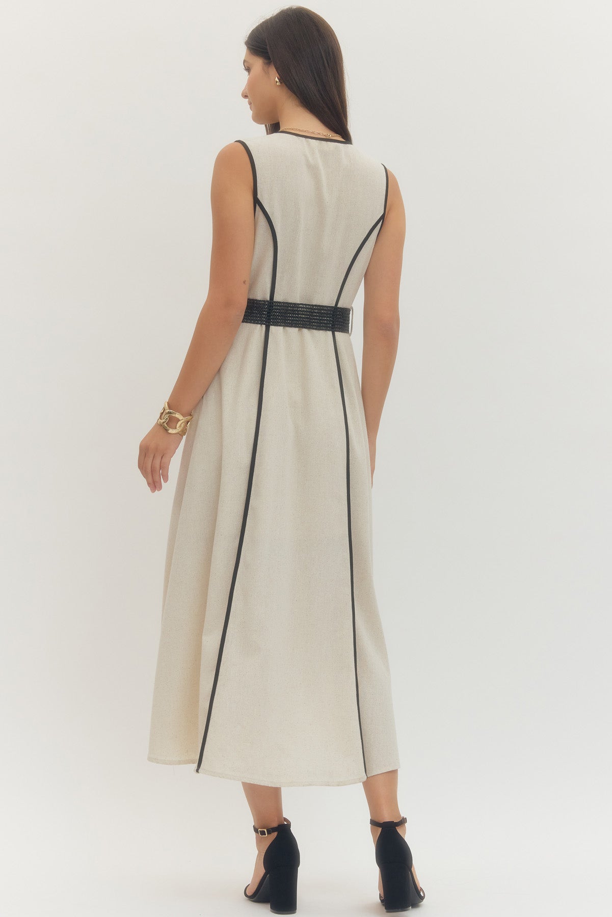 Sleeveless Contrast-Trim Midi Dress