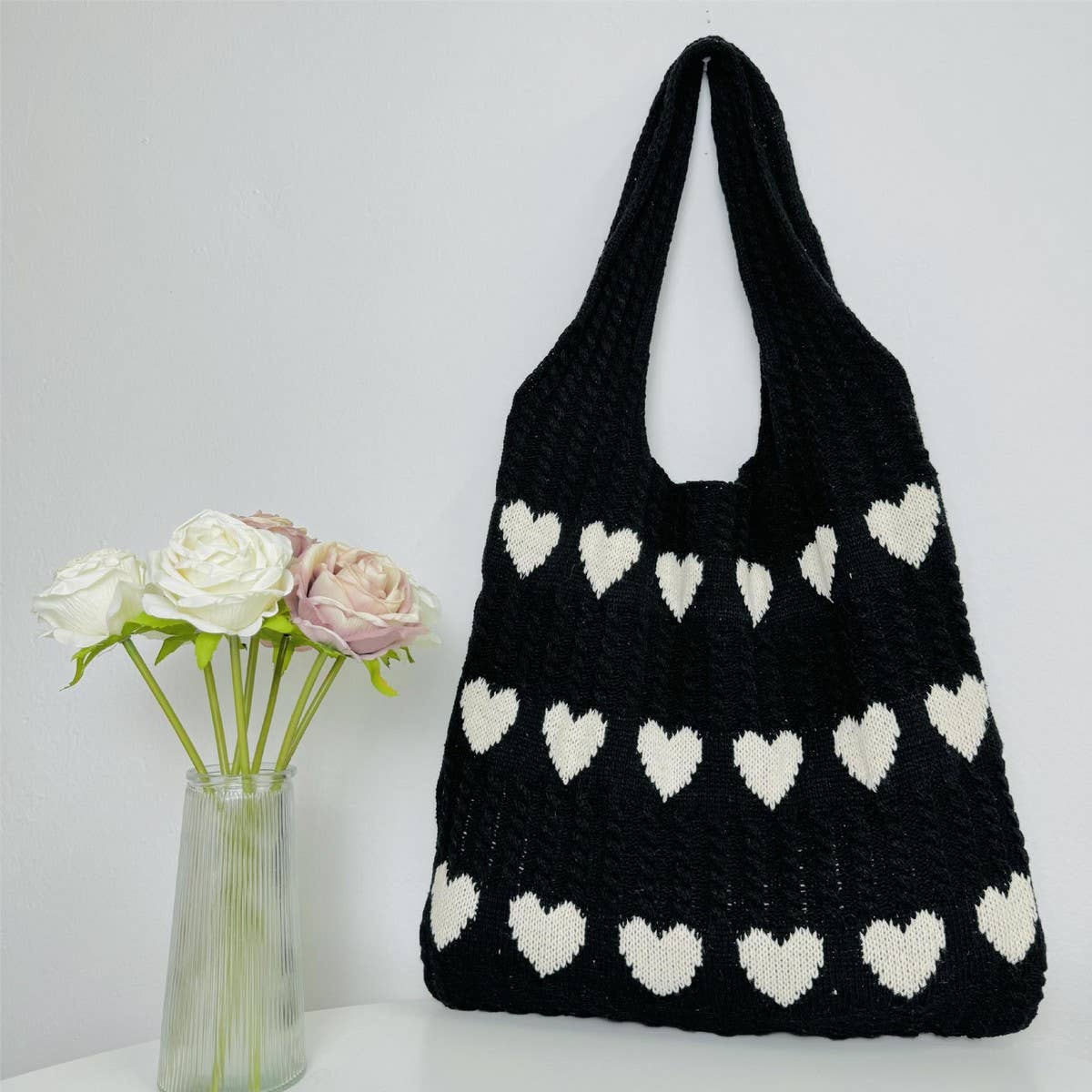 CWAB4569_HEART PATTERN KNITTED LARGE CAPACITY TOTE BAG