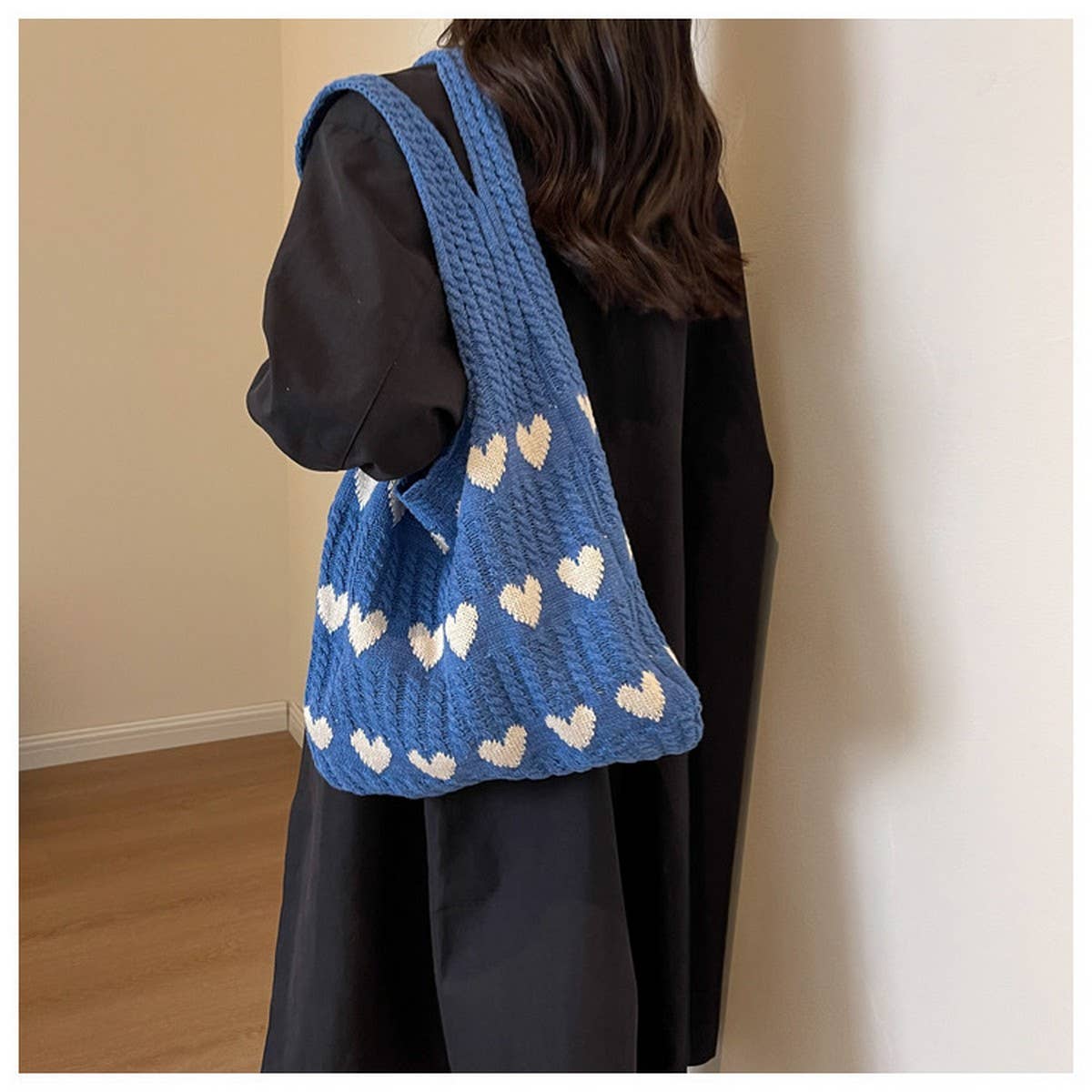 CWAB4569_HEART PATTERN KNITTED LARGE CAPACITY TOTE BAG