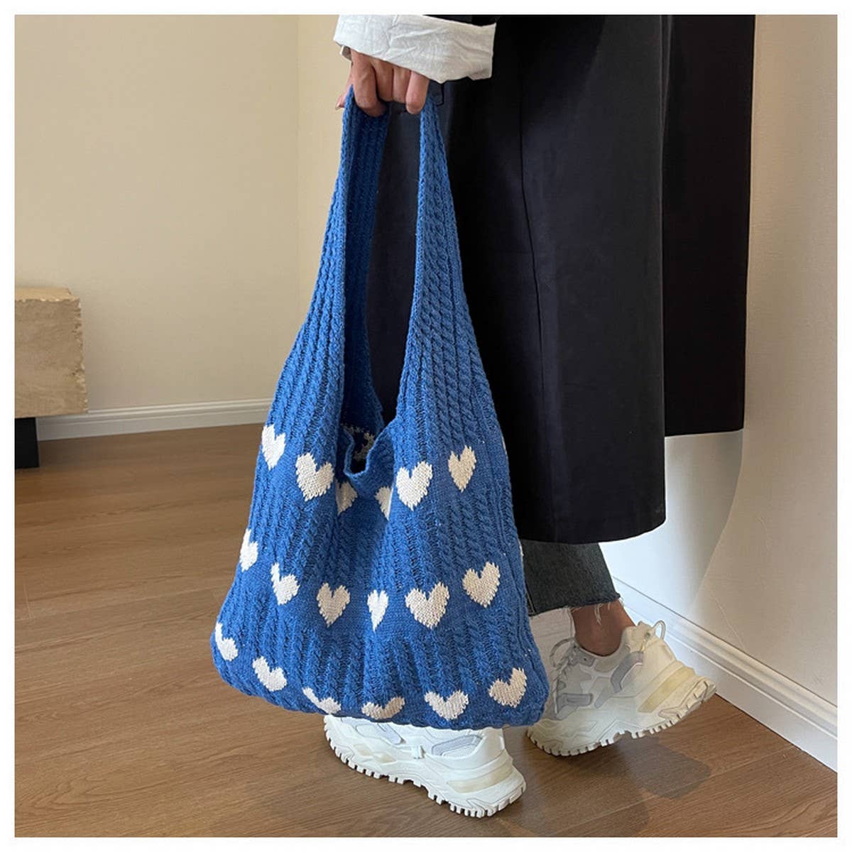 CWAB4569_HEART PATTERN KNITTED LARGE CAPACITY TOTE BAG