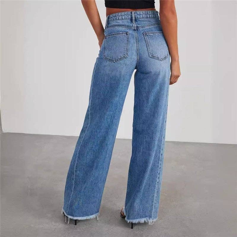 Loose Wide Leg Jeans With Raw Hem