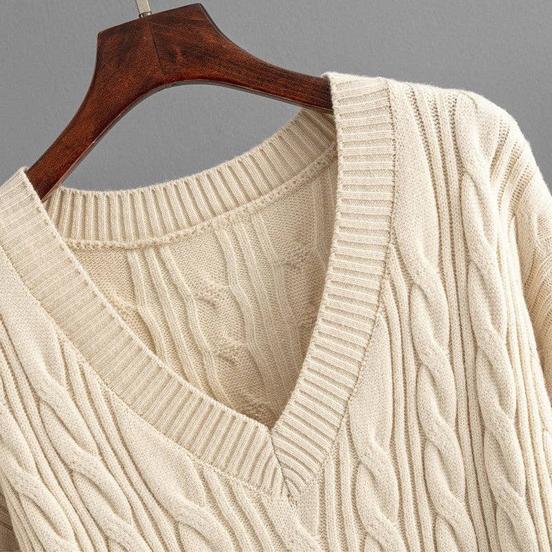 V Neck Cable Knit Sweater Wide Leg Pants Set