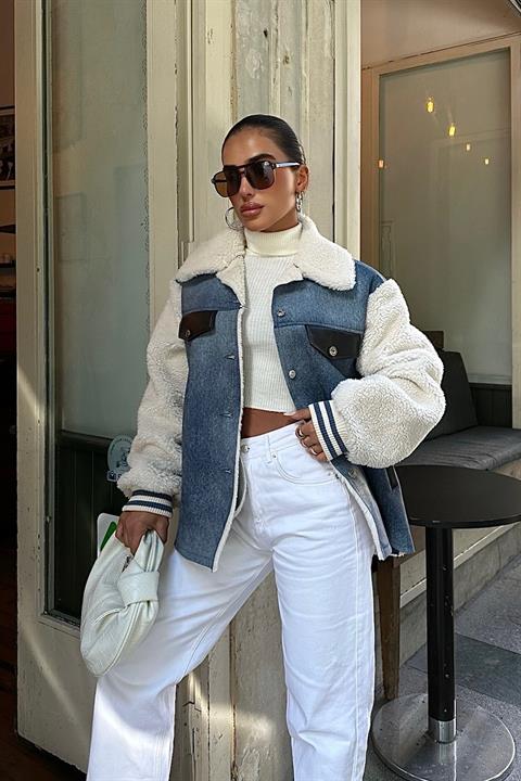 The Ezra Sherpa Denim Jacket front view