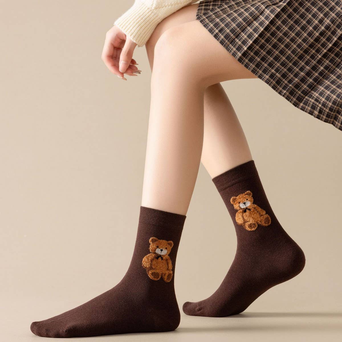 Cozy Bear Embroidery Crew Socks