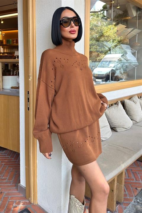 Brown knit sweater and mini skirt co-ord set flat lay