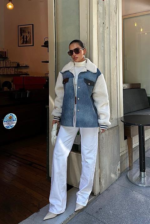 Model wearing Ezra sherpa denim jacket