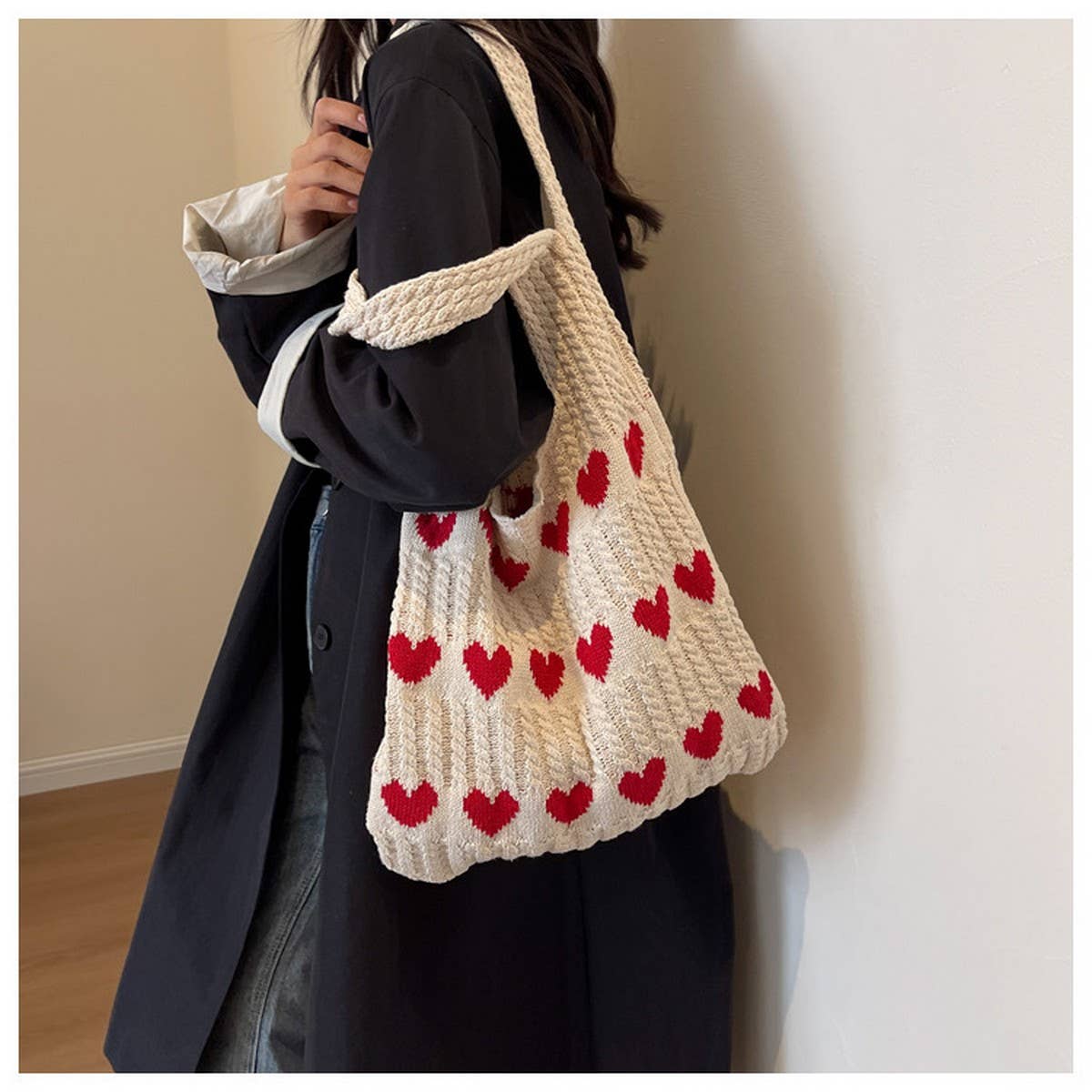 CWAB4569_HEART PATTERN KNITTED LARGE CAPACITY TOTE BAG