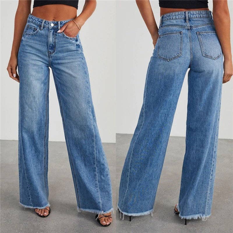 Loose Wide Leg Jeans With Raw Hem