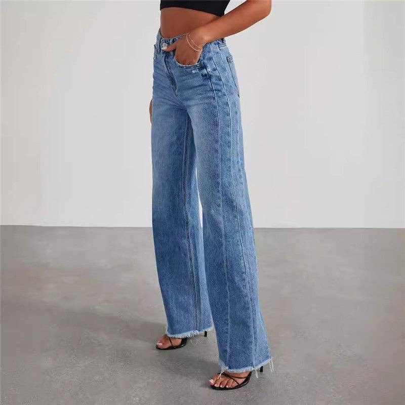 Loose Wide Leg Jeans With Raw Hem