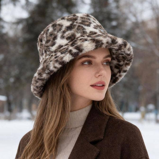 Leopard Print Faux Fur Plush Fisherman Hat