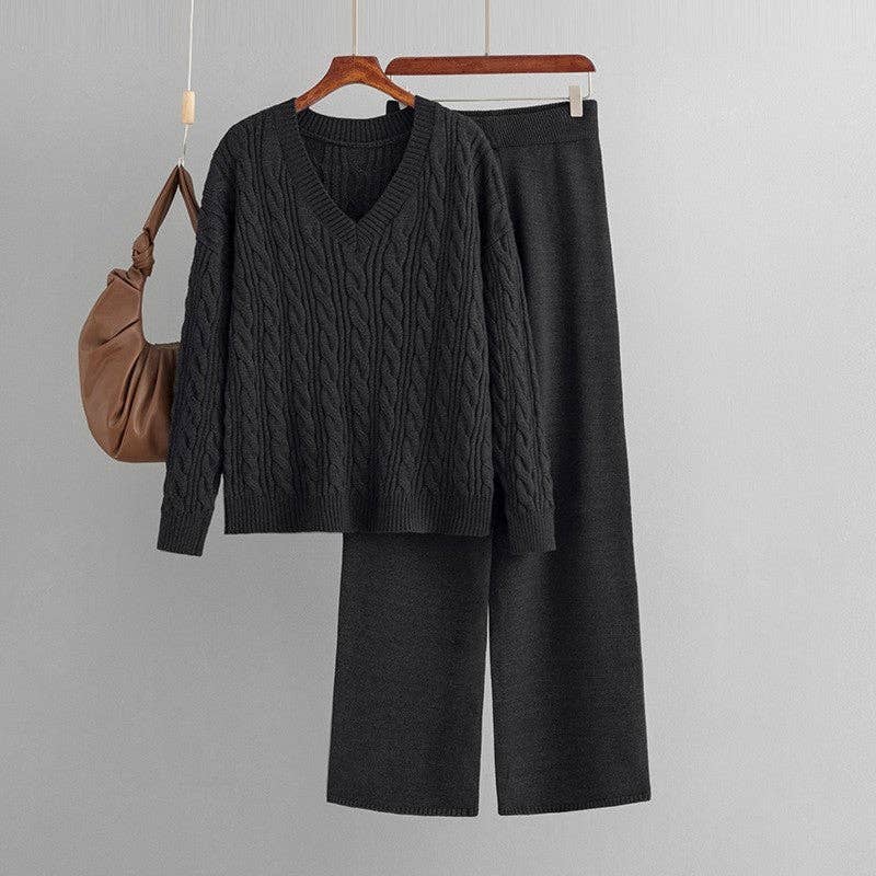 V Neck Cable Knit Sweater Wide Leg Pants Set
