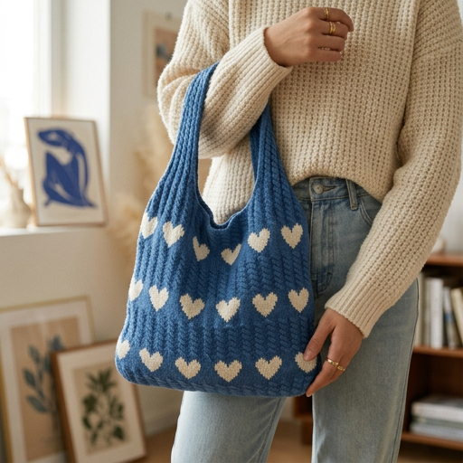Knitted Heart Tote Bag