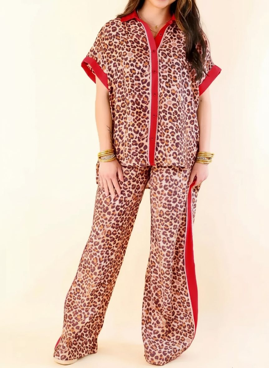 Contrast Trim Leopard Top and Pants Set
