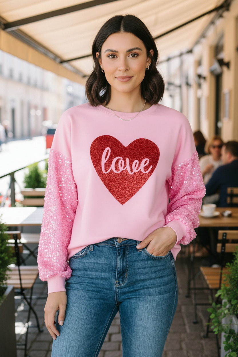 LOVE Heart Sequin Dropped Shoulder Sweatshirt