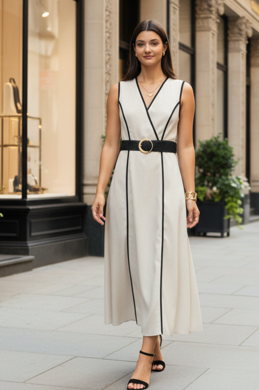Sleeveless Contrast-Trim Midi Dress