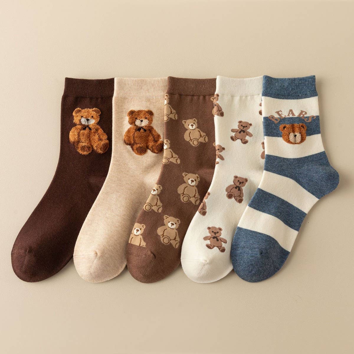 Cozy Bear Embroidery Crew Socks