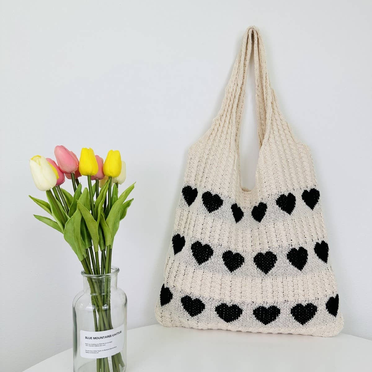 CWAB4569_HEART PATTERN KNITTED LARGE CAPACITY TOTE BAG