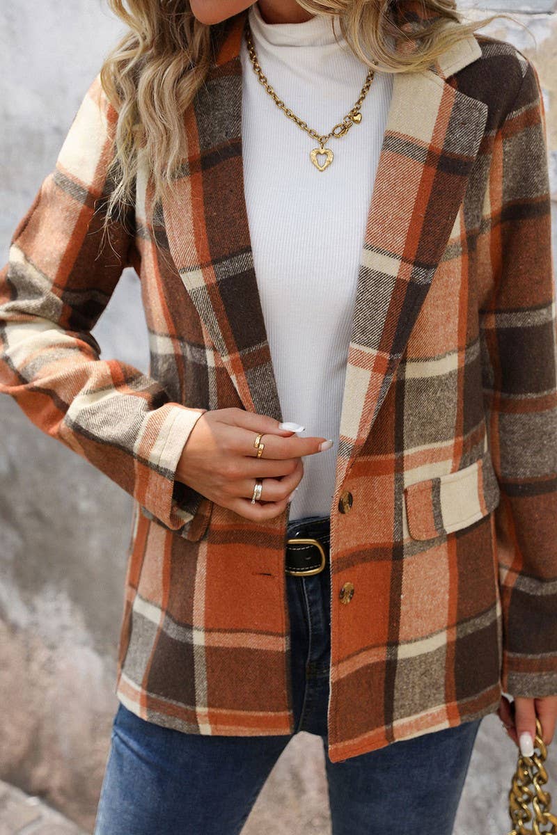 CWOCO0651_CHECK VINTAGE BUTTON LAPEL BLAZER