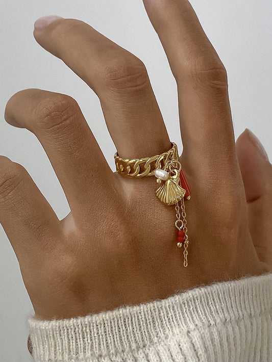 Rade 18K Gold Non-Tarnish Shell Dangle Chain Ring